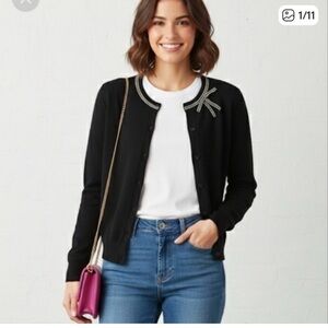 Kate Spade Black Embellished Bow Wool Blend Cardigan Sweater. Black. Size L